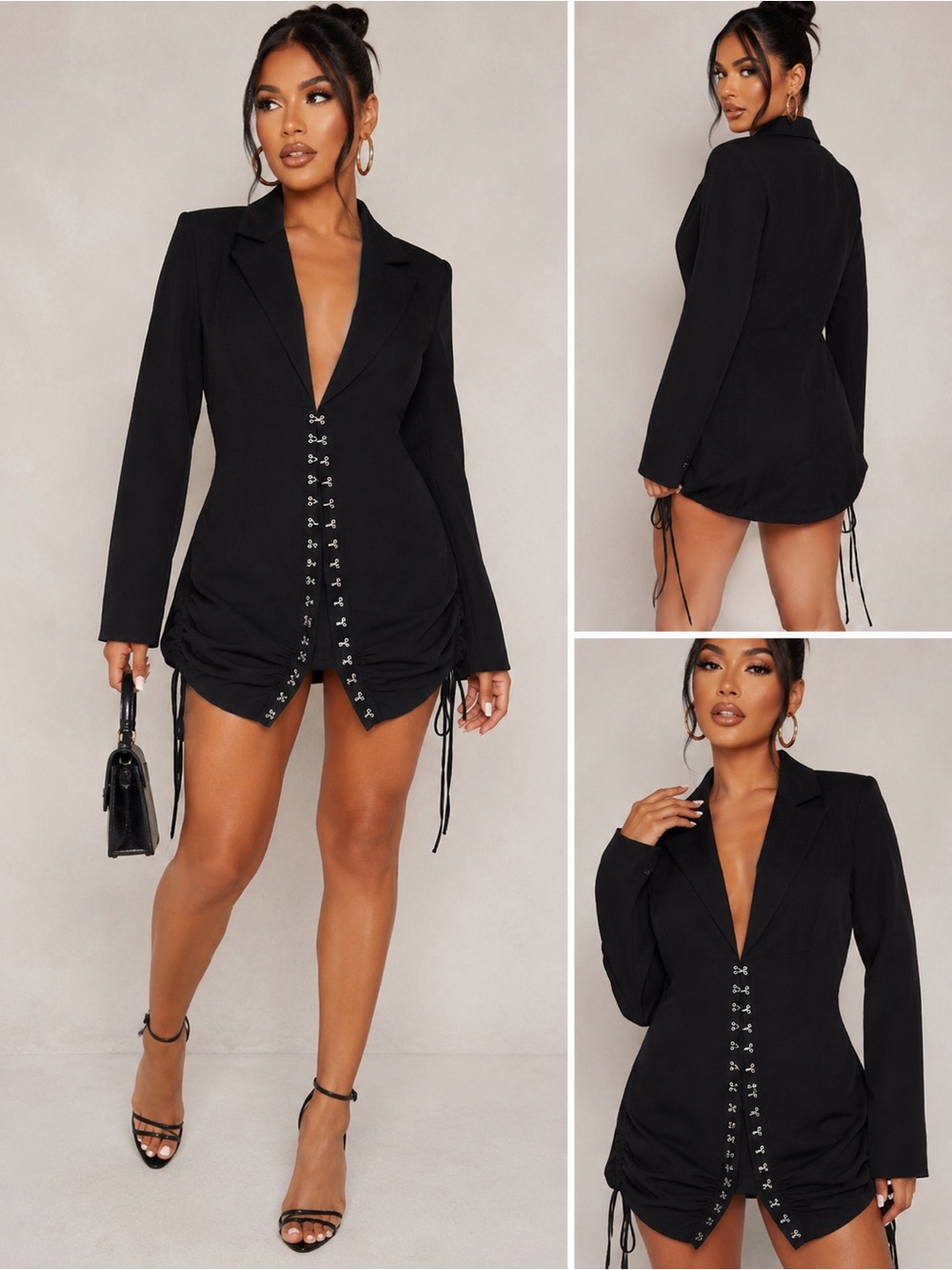 PrettyLittleThing Black Ruched Blazer Dress – Size 8
